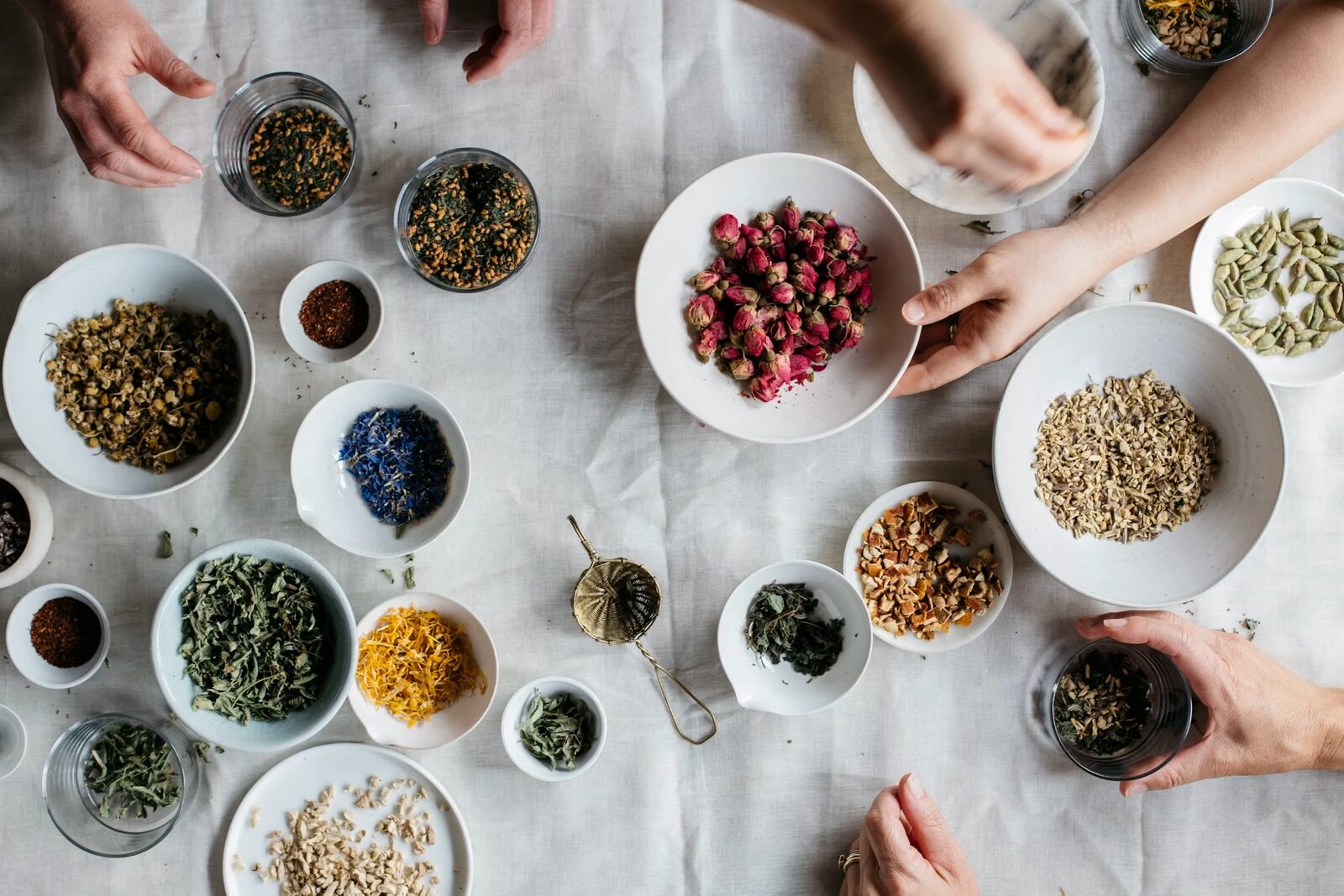 Dried botanical raw materials sorted into bowls for assessment